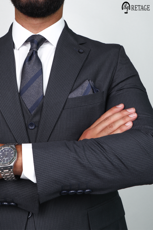 بدلة مقلمة رمادى غامق 3 قطع