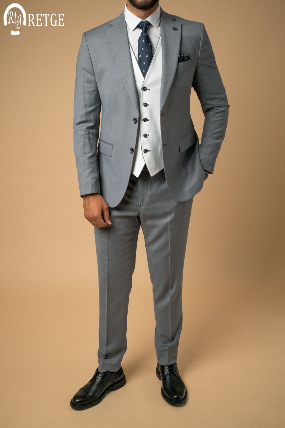 3-Piece Suit Light Gray Striped