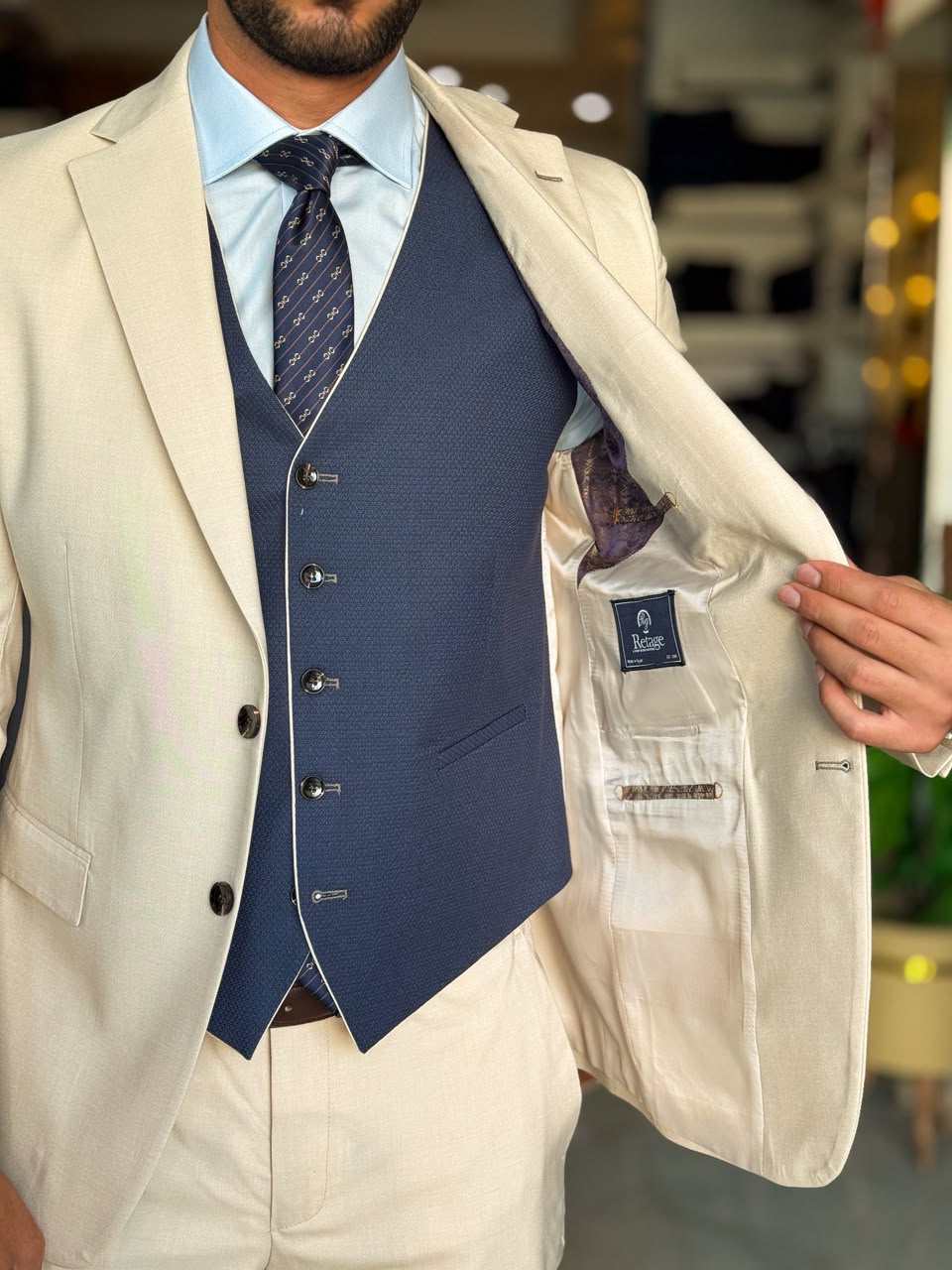 3-Piece Suit Beige Striped