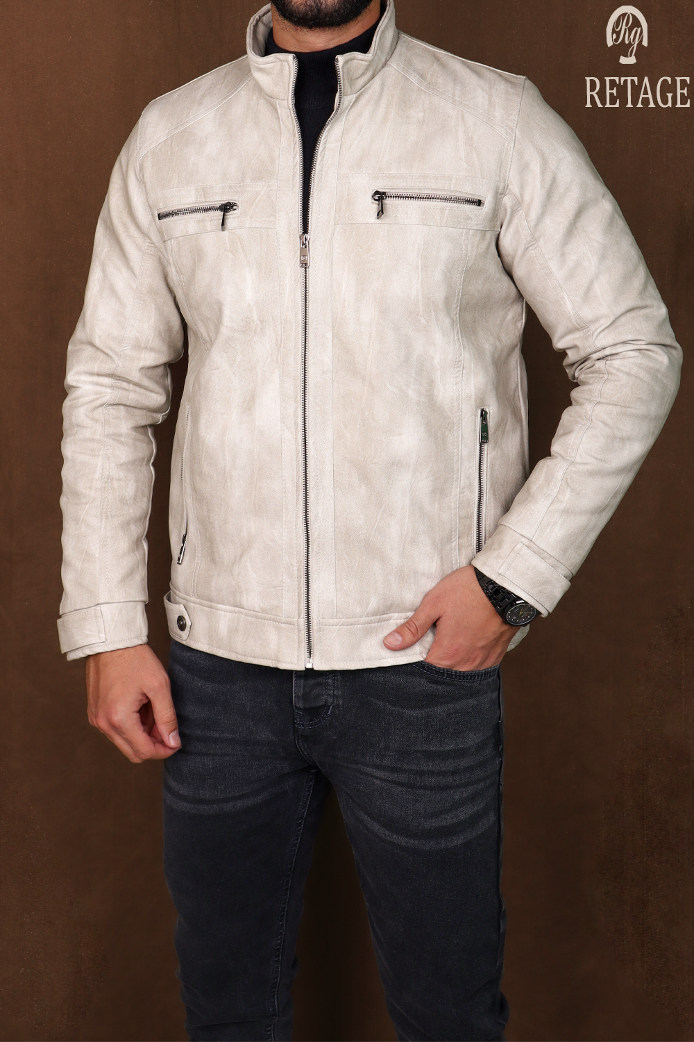 leather jacket-Beige