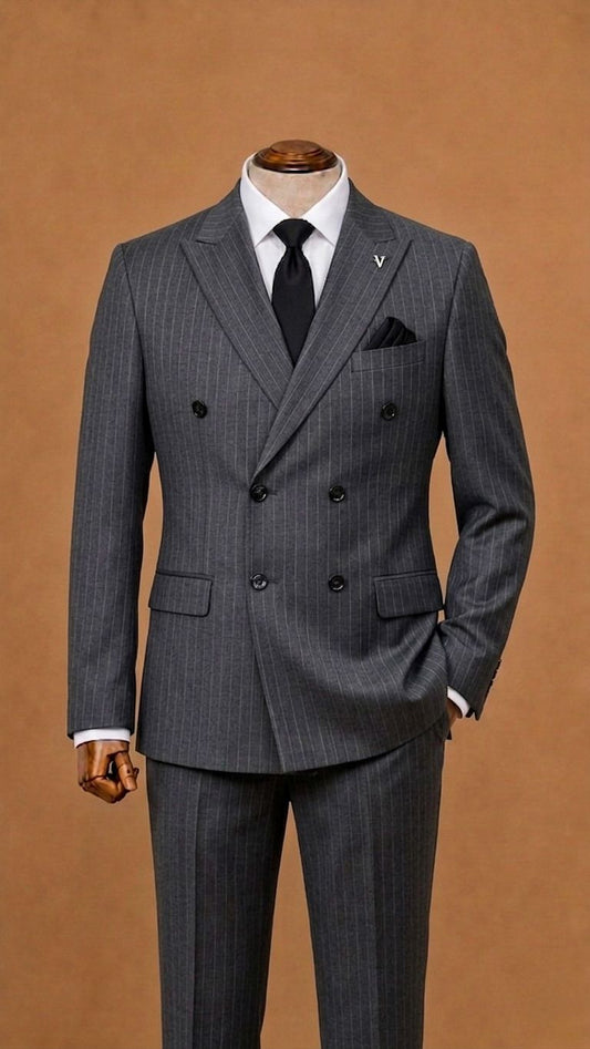 Double-Breasted Pinstripe Suit- Dark Gray