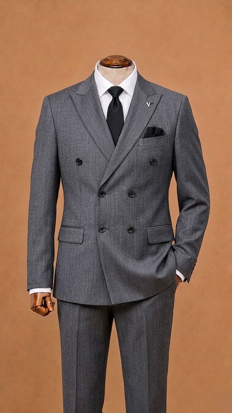 Double-Breasted Pinstripe Suit - Gray