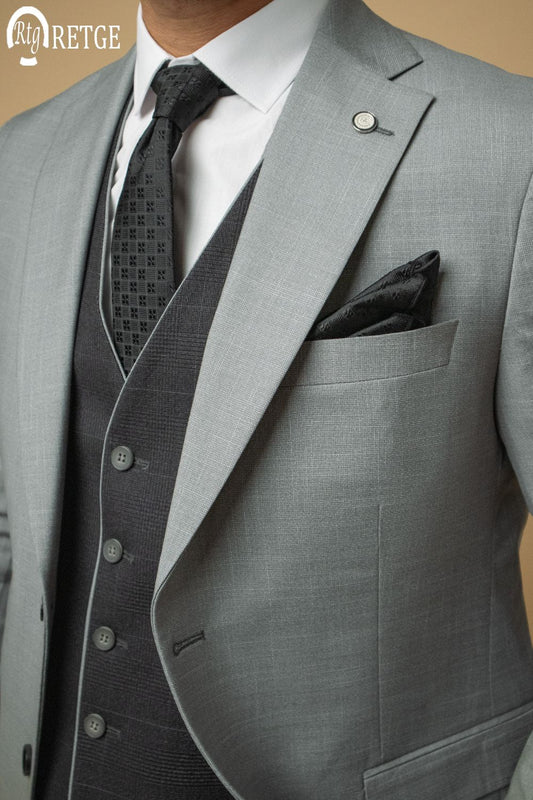 3-Piece Suit Light Gray Checked