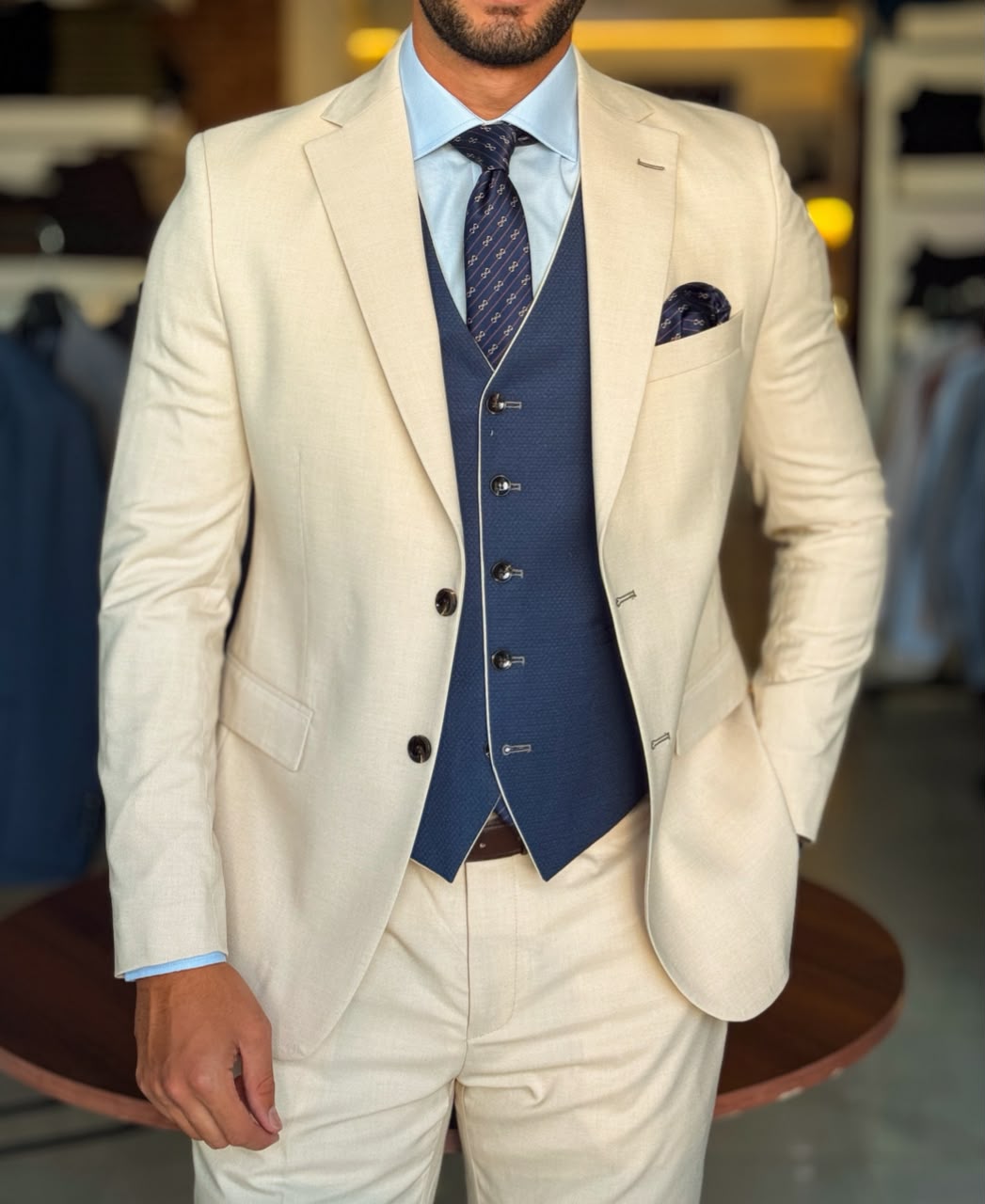 3-Piece Suit  Beige Striped