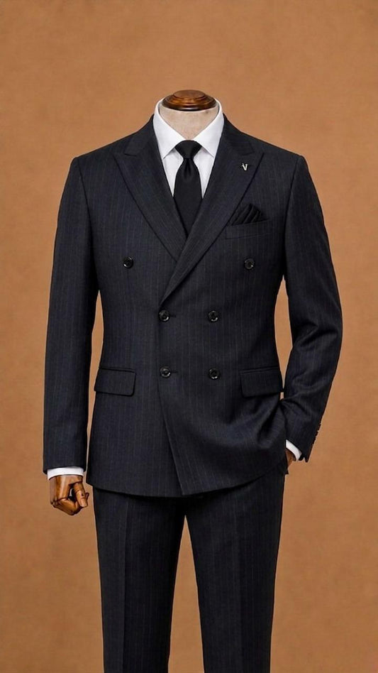 Double-Breasted Pinstripe Suit - Black