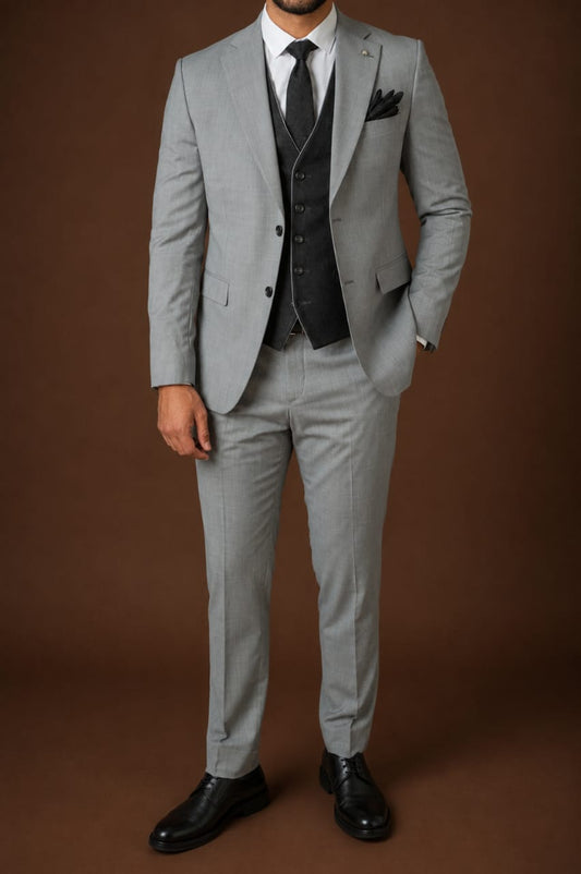 3-Piece Suit Light Gray Checked