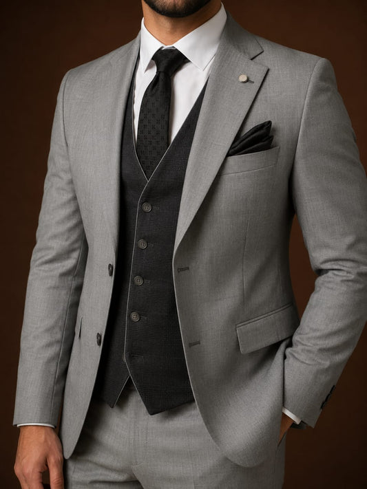 3-Piece Suit Light Gray Checked