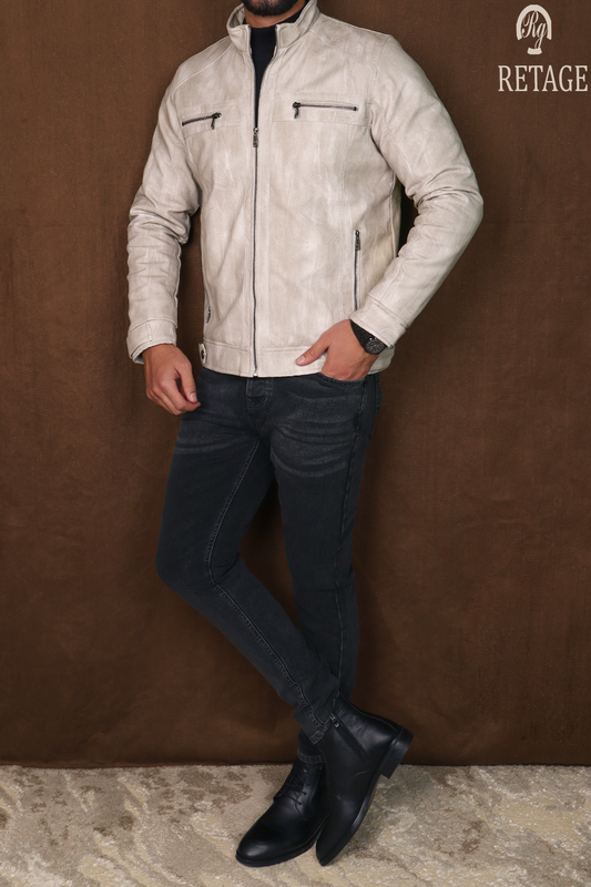 leather jacket-Beige